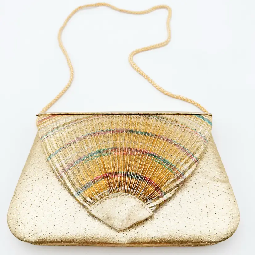 Vintage Adolfo Evening Handbag Purse Gold Metallic Fabric Shell 8.5” X 5” B25