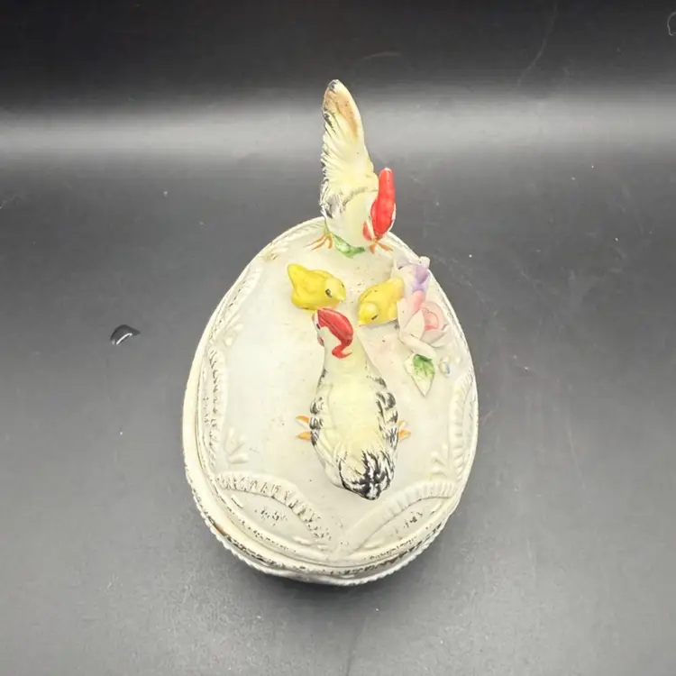 Vintage Lefton Chickens On Bisque Porcelain Egg Trinket Box