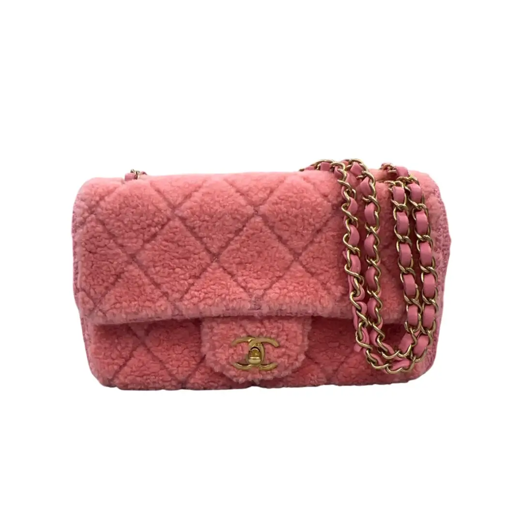 Chanel Pink Quilted Shearling and Tweed Medium Flap Bag