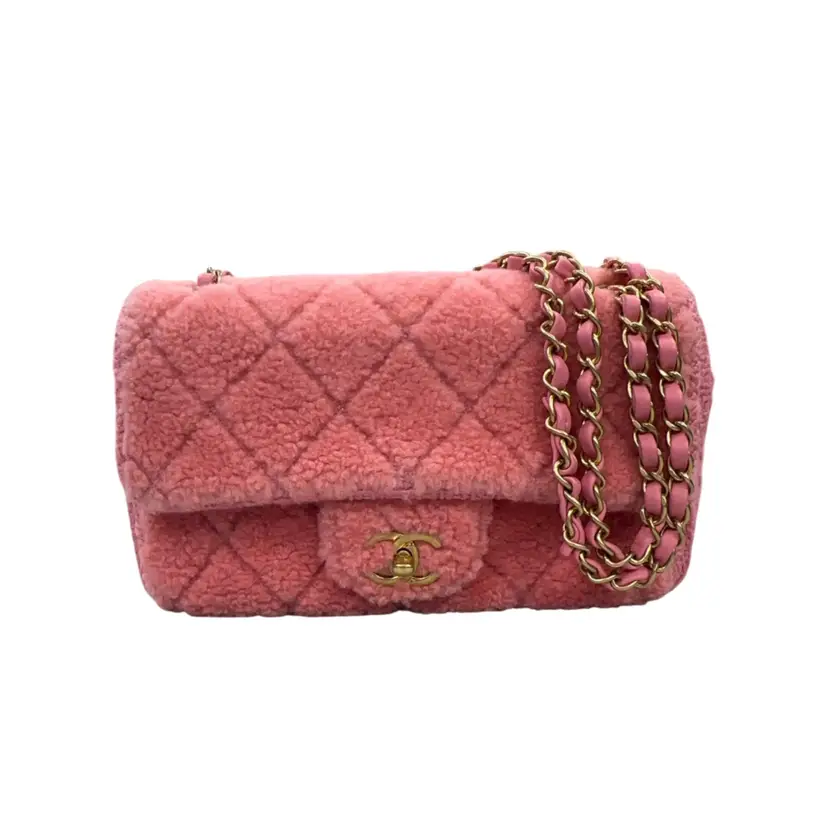 Chanel Pink Quilted Shearling and Tweed Medium Flap Bag