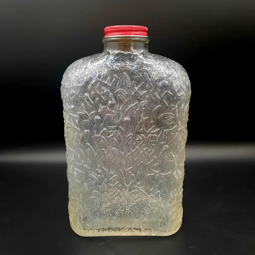 Vintage Anchor Hocking Refrigerator Bottle Textured Clear Glass Red Metal Peacock Lid