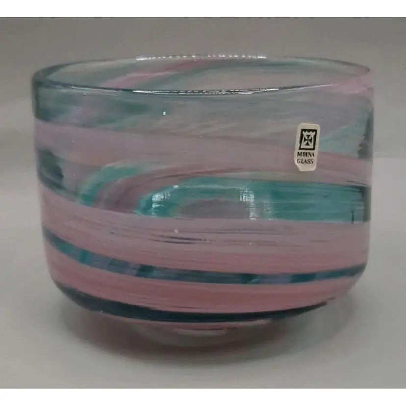 Vintage MDina Pink and Teal Signed Art Glass Bowl