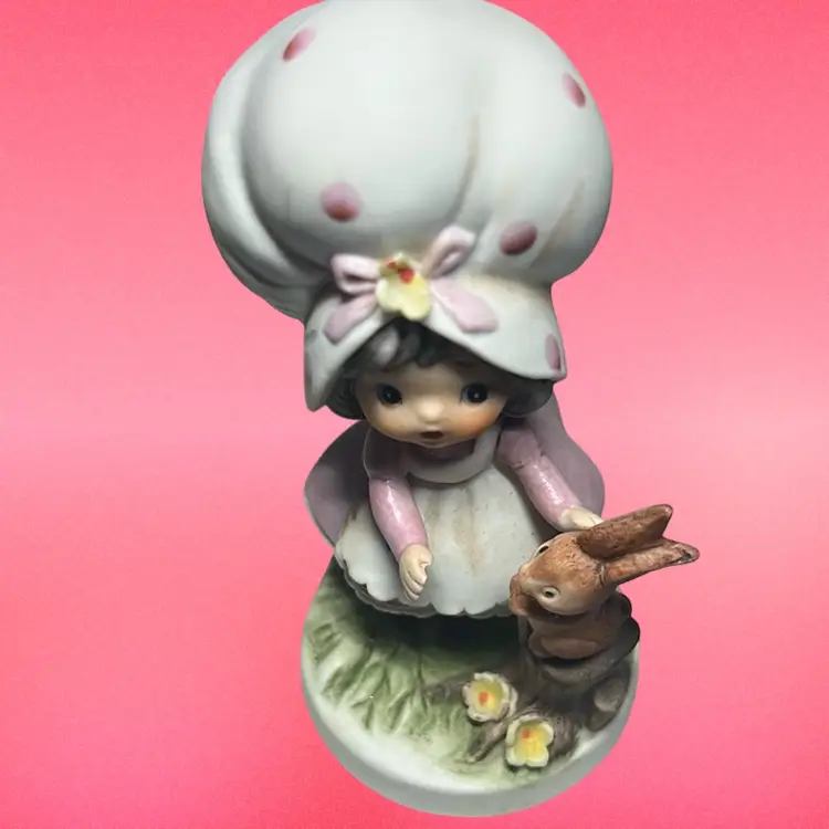 Vintage Lefton Porcelain Figurine. “Country Big Hat Girl Forest Rabbit Pink”