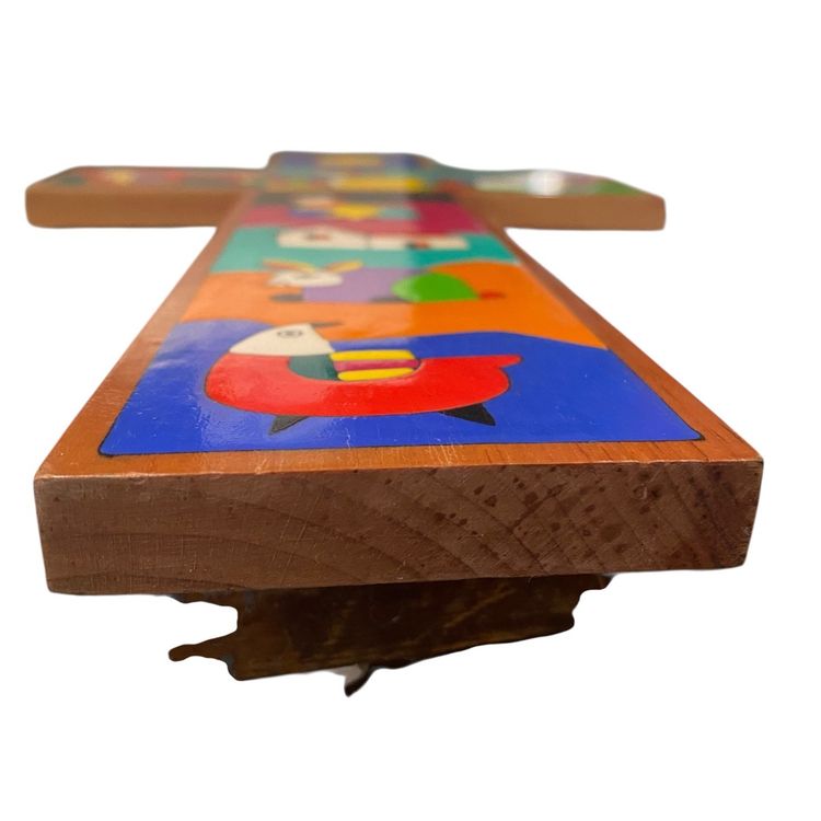 Vintage Hand Painted Colorful Whimsical Wood Christian Cross. Made in El Salvador.