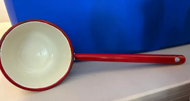 Mid Century Enamelware Red & White Farmhouse Dipper/ Ladle Long Handle 14 1/2”