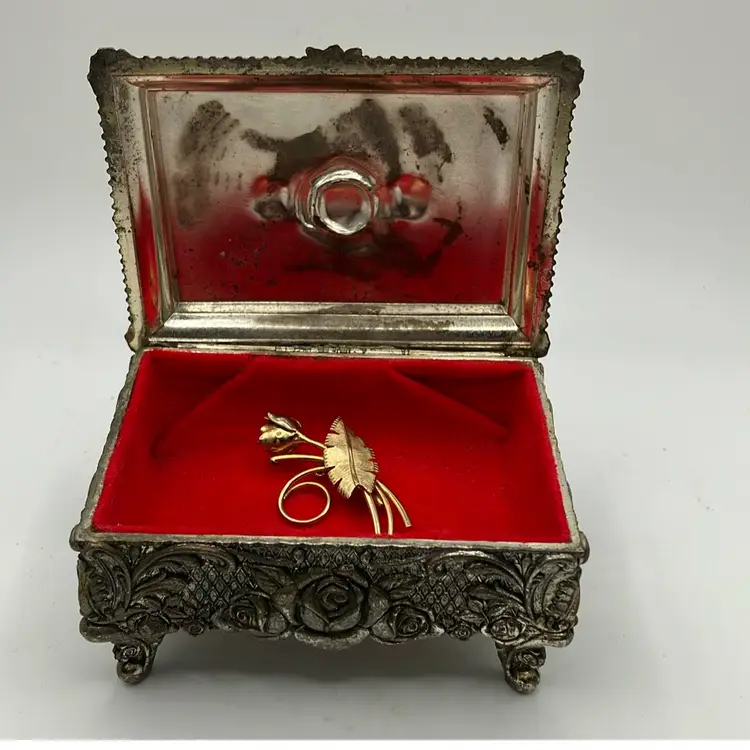 Hinged Metal Jewelry Trinket Box w/ Pin