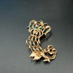 1972 Avon Pekinese Brooch, Gold Tone, Green Eyes  High