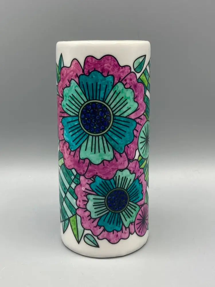Pink and Teal Hand Designed Flowered Vase 5" Tall