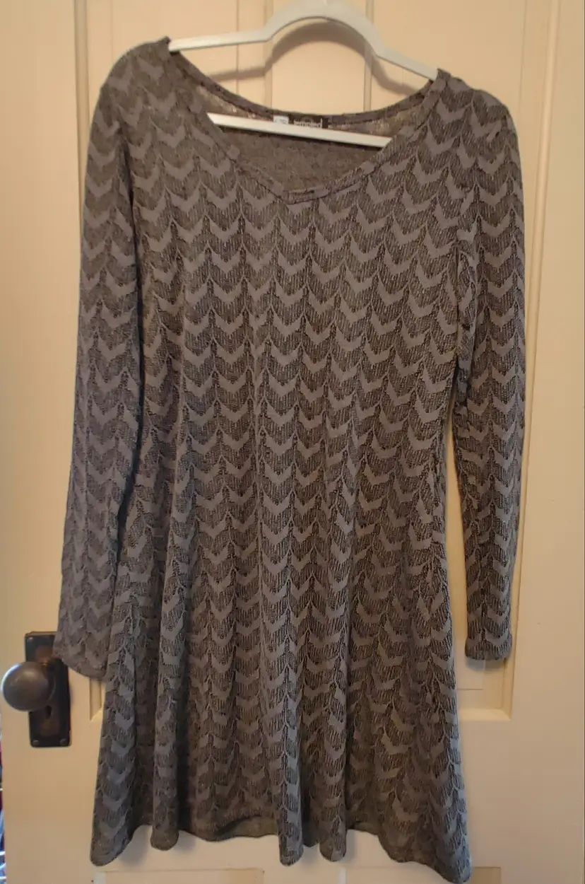 Dress- Brand: Tempted. Size Large. Black grey knit looking dress. Material: 76% polyester, 24% rayon. No callouts.