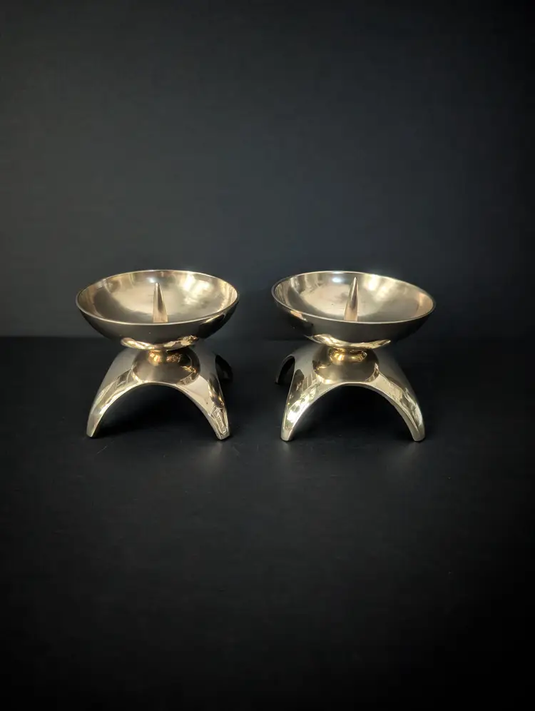Mid Century Brass Atomic Style Candle Holders Set Of 2