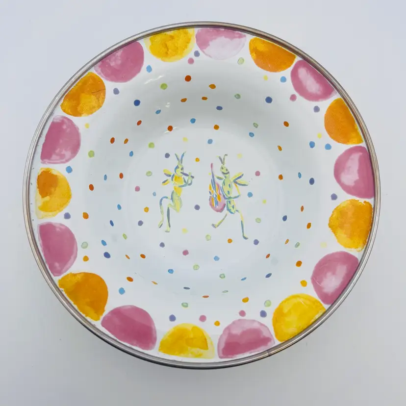 Mackenzie Childs HTF Pink Polka Dot Musical Cricket Enamel Bug Bowl 1.5”x 6.25” READ
