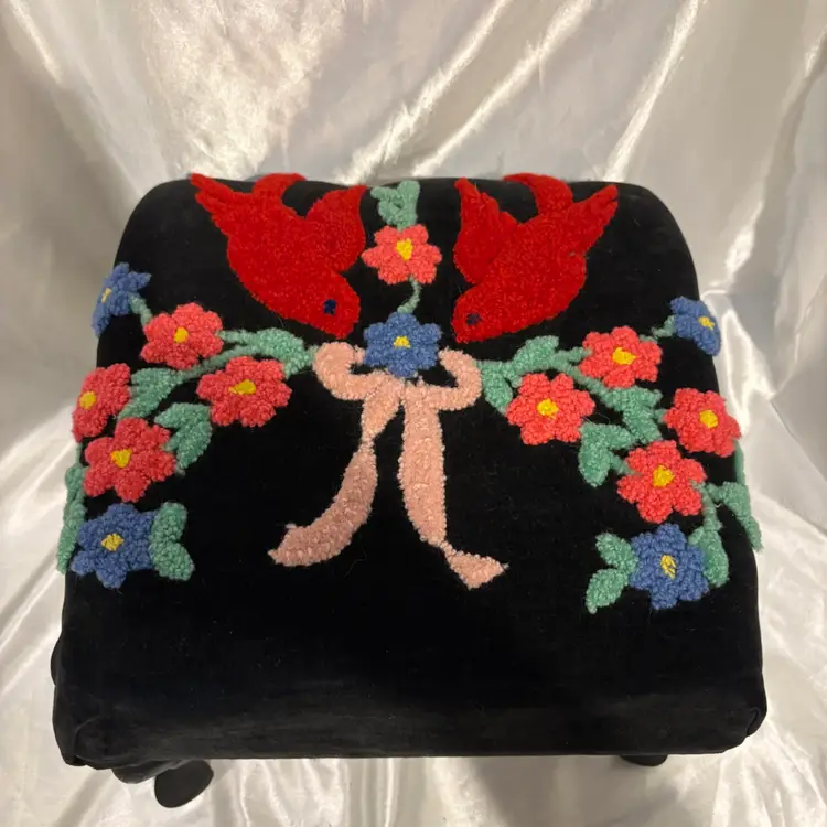 Vintage Stool Velvet Stitched Birds Flowers  Black metal feet
