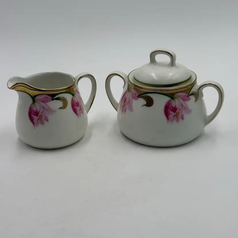 Antique PV Vessra Germany Sugar And Creamer Art Nouveau Hand Painted Pink Tulips