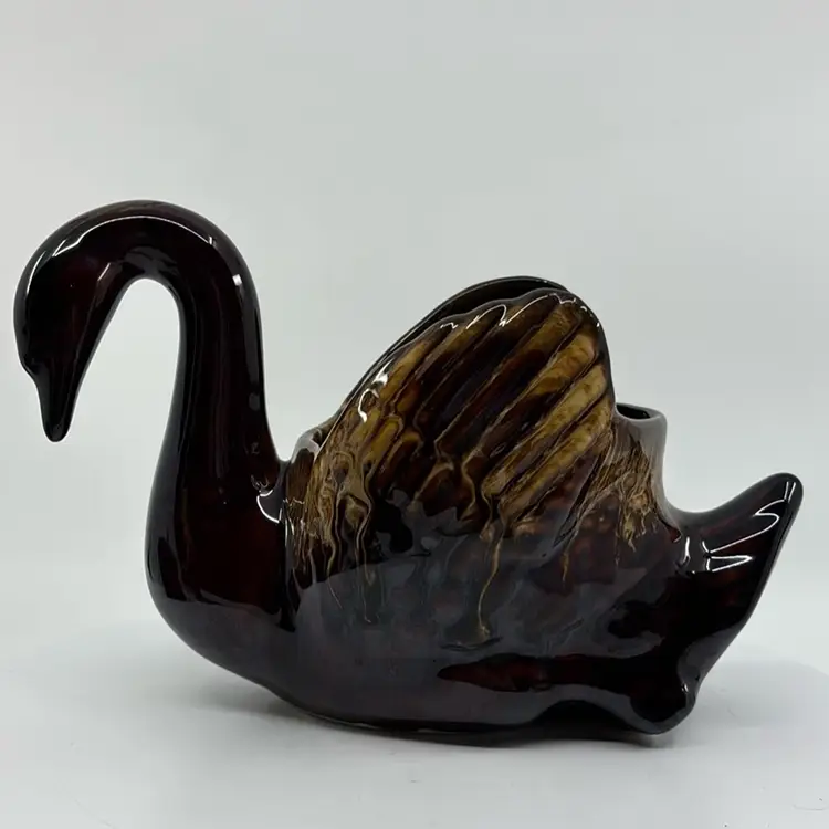 Brown Drip Glaze Pottery Vintage Swan Planter 5H 7.5L