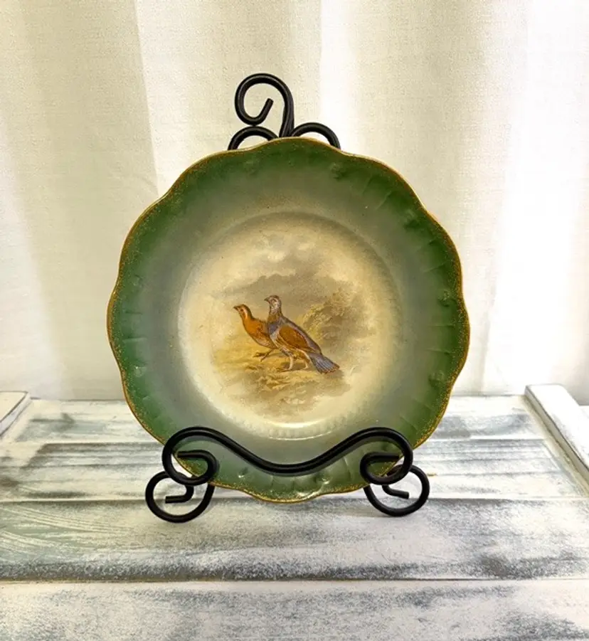 Antique French Porcelain Limoges Plate Quail Scene Green with Gold Trim