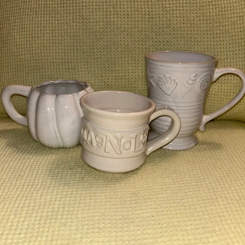 Set Of 3 Assorted Off White Ceramic Mugs Black Oak Pottery & Anthropologie
