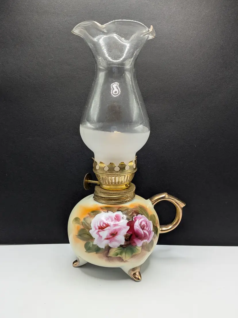 ENESCO hand painted porcelain footed miniature oil lamp