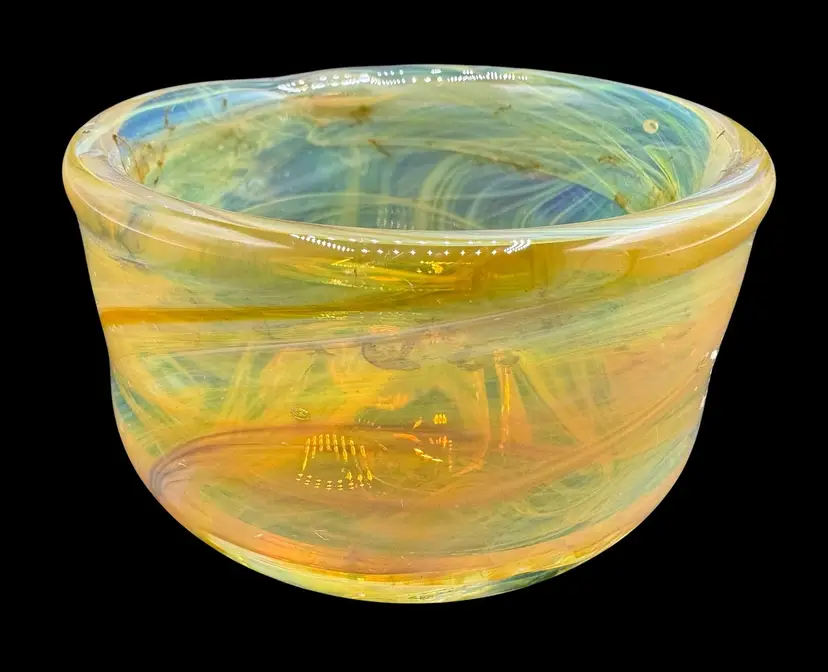 Hand Blown Art Glass Small Trinket Bowl Opalescent Yellow Blue Swirl Round 3.25”