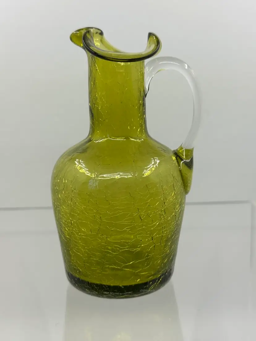 Olive Green Crackle Glass Mini Pitcher