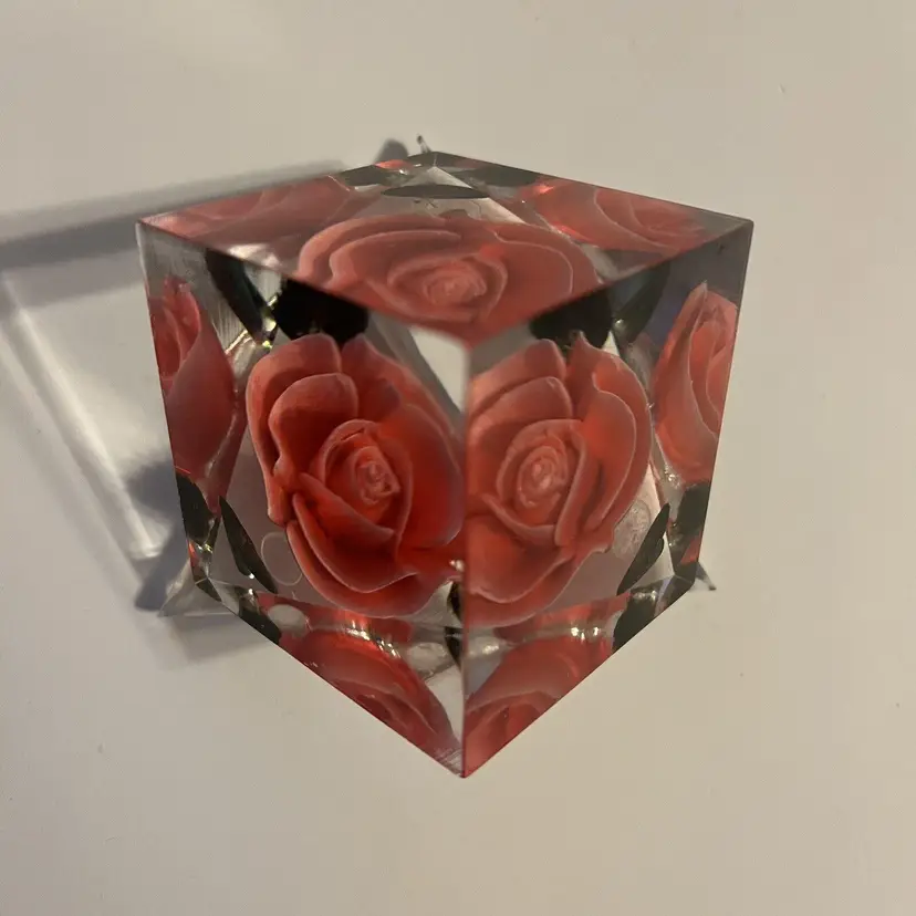 Vintage Bircraft Carved Rose Lucite Acrylic Cube Paperweight Pink Hand Carved