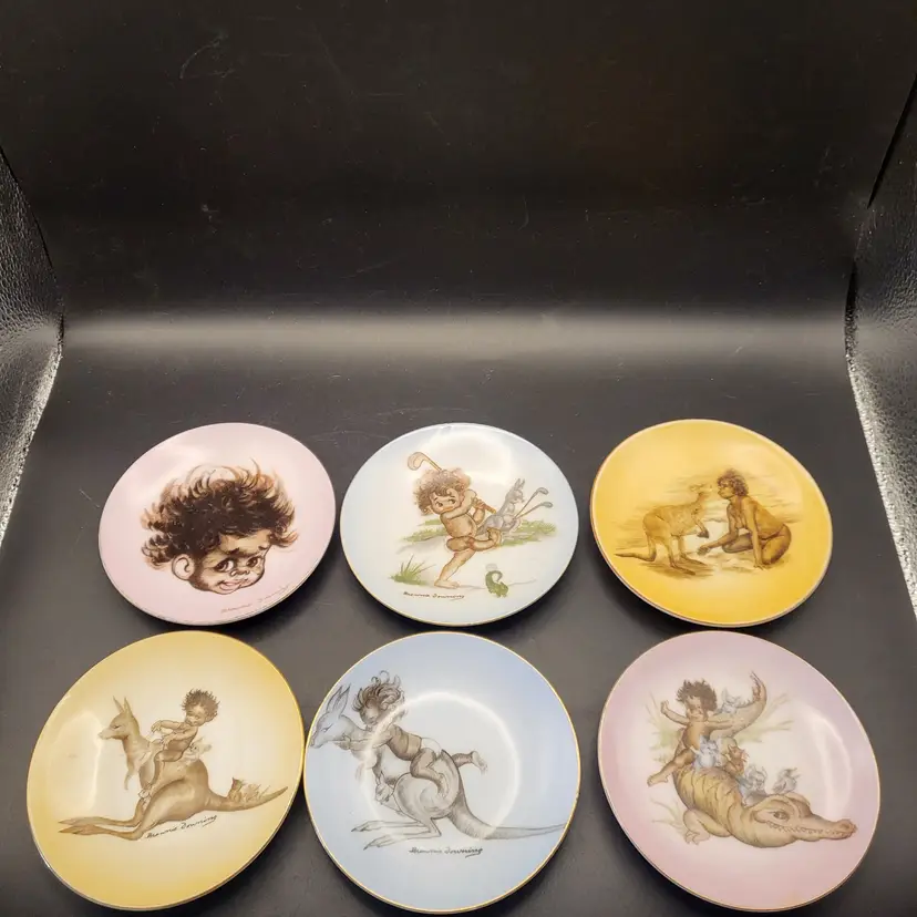 6 Vintage Brownie Downing Aboriginal Australian Art Plates.