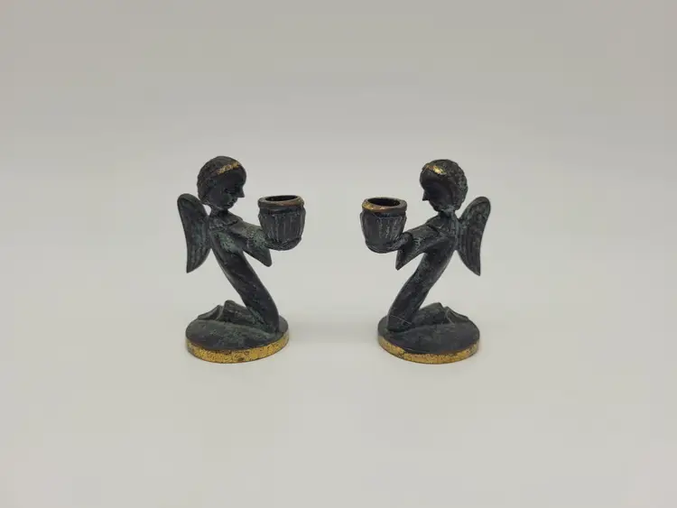 Walter Bosse Pair Of Mini Blackened Brass Angels Single Candle Holders