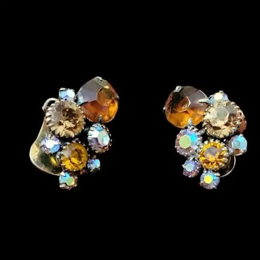 Vintage Weiss Earrings Clip Ons Amber Clear Glass Rhinestones Aurora Borealis Prong Set Signed