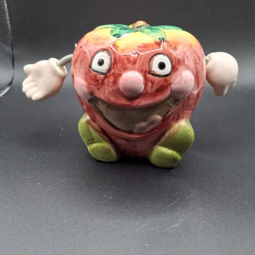 Vintage Ceramic Tomato-Shaped Coin Bank With Funny Face & Movable Arms