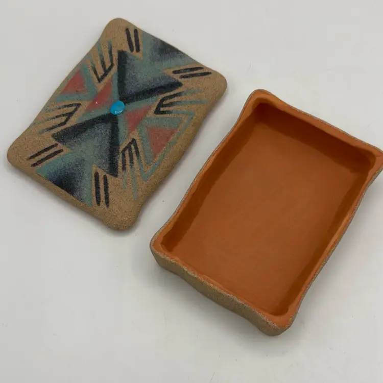 Navajo Sand Art with small Center Stone Pottery Lidded Box Signed Laveitha Vail