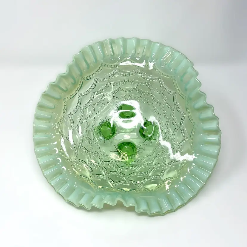 Green Opalescent Uranium Glass Candy Dish: Antique Northwood Beaded Drapes 8.5” Ruffled Bowl (0100-24)