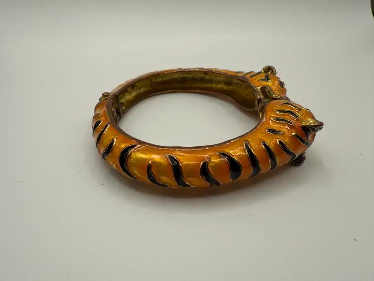 Vintage Enamel on Metal (Brass?) Clamper Magnetic Bracelet Tigers Kissing GLOW Enamel