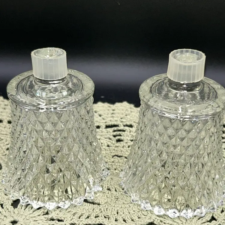 #01 - Set Of Two Vintage Diamond Point Candle Holder-Adapters-Clear-1970’s Era