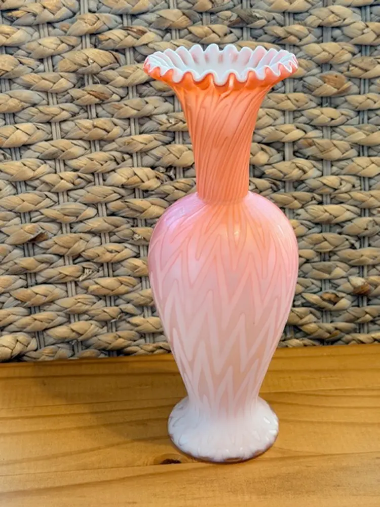 Antique Victorian Chevron Pink Satin Glass Vase, Mother of Pearl, c 1880’s