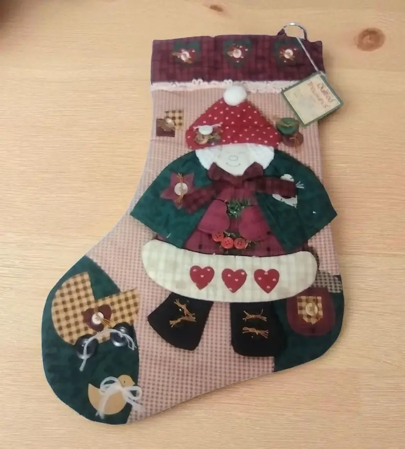 Quilted Treasures Folk Art Christmas Stocking Vtg Mrs Santa Baby Button Holiday
