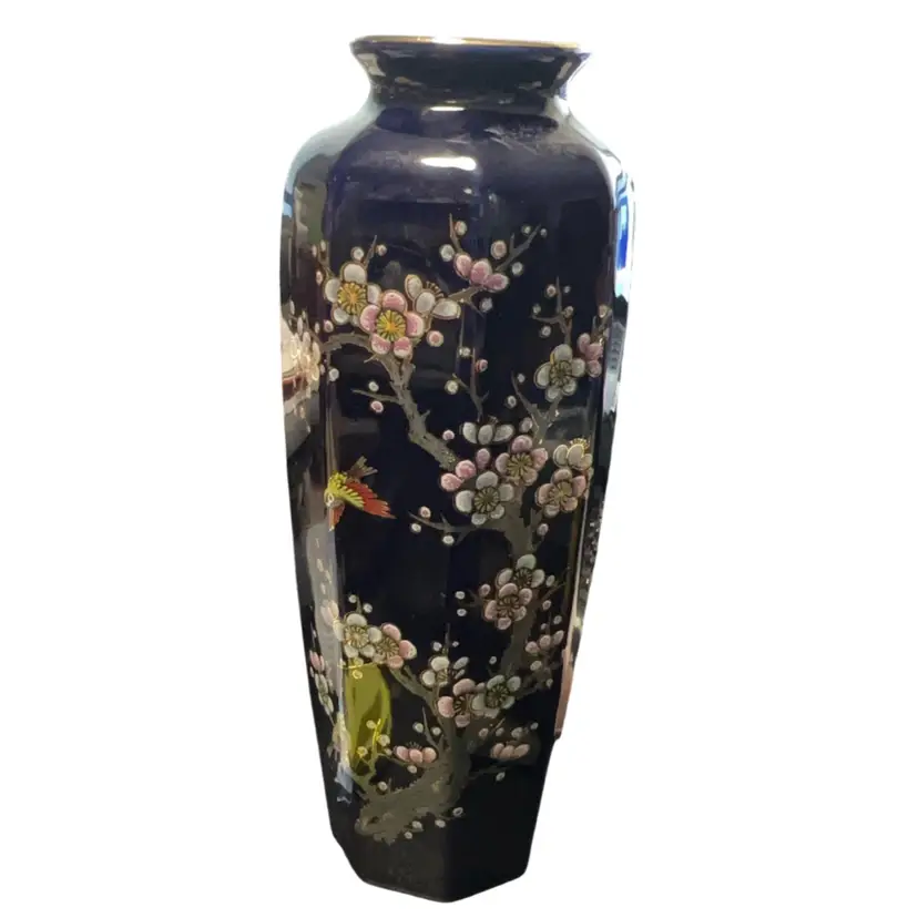 Vintage Japanese cobalt blue vase with cherry blossoms and bird motif. 12” Tall