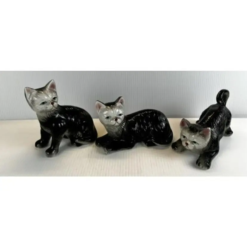 Trio of Playful Tabby Cats Cat Ceramic Vtg MCM Style