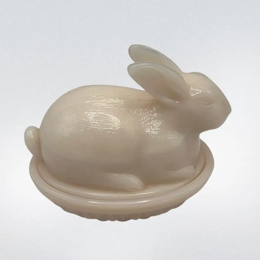 Pink Milk Glass Bunny On A Nest/Basket, 4-1/2” Diameter