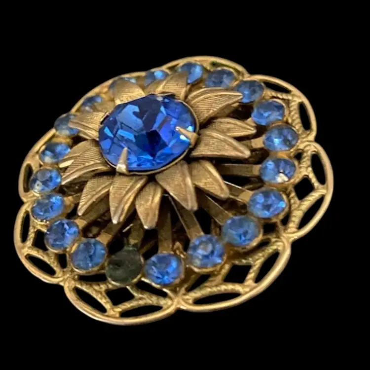 Vintage Pin/ Brooch Blue Rhinestone Gold Trim