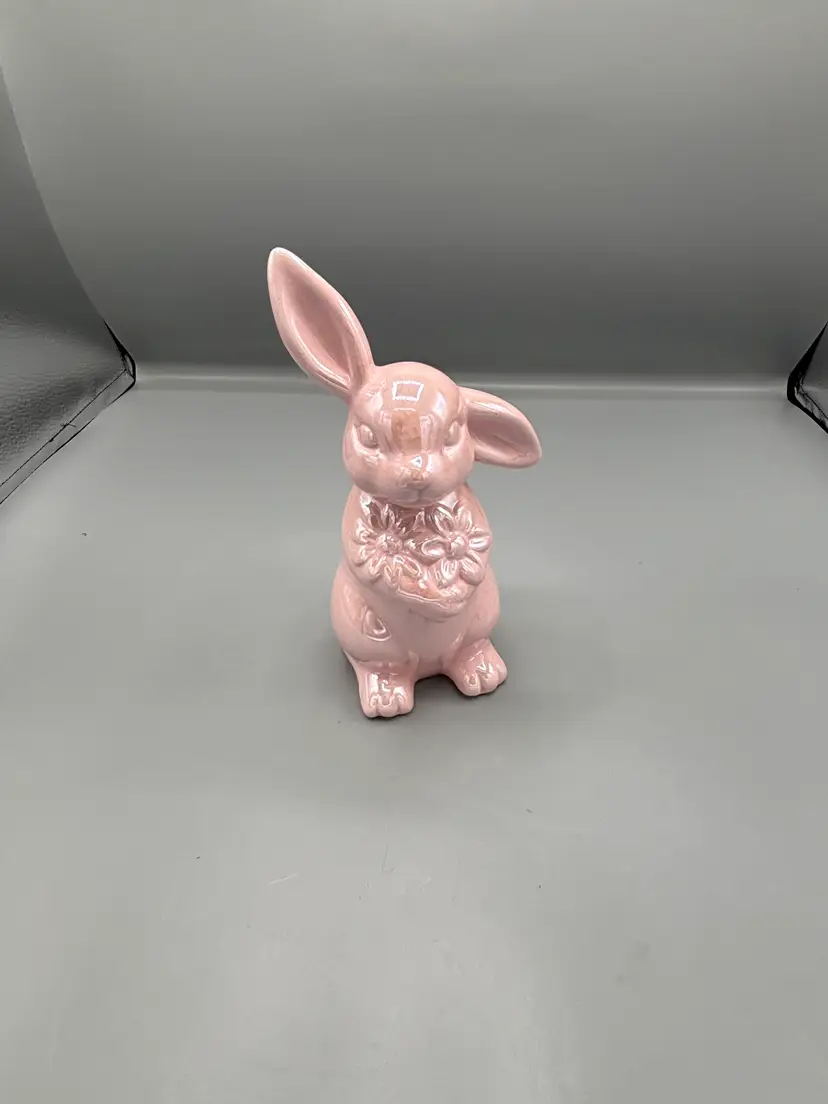 Glossy pink ceramic Easter bunny with flowers