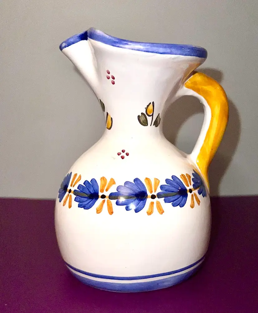 Vintage Hand Painted  Mexican Talavera Pottery Small Pitcher Blue And Yellow