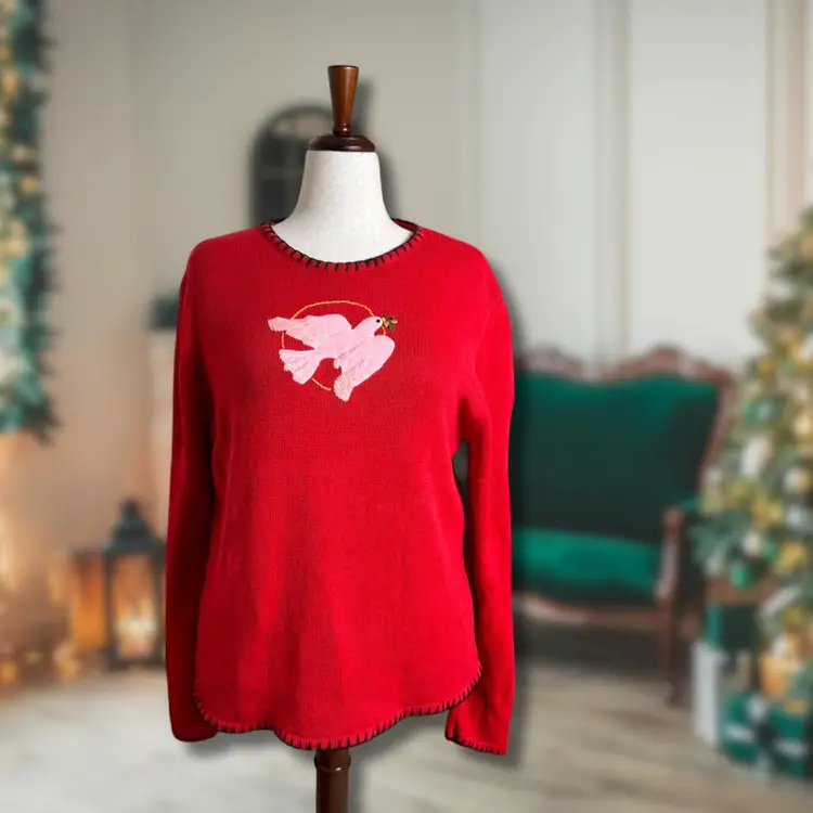 Vintage 90s Christmas Pullover Pink Dove Knit Sweater Embroidery Sag Harbor XL