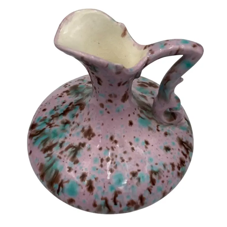 Vintage Handmade Art Pottery Ceramic Pitcher, Pink w/Aqua & Brown Speckles, Signed