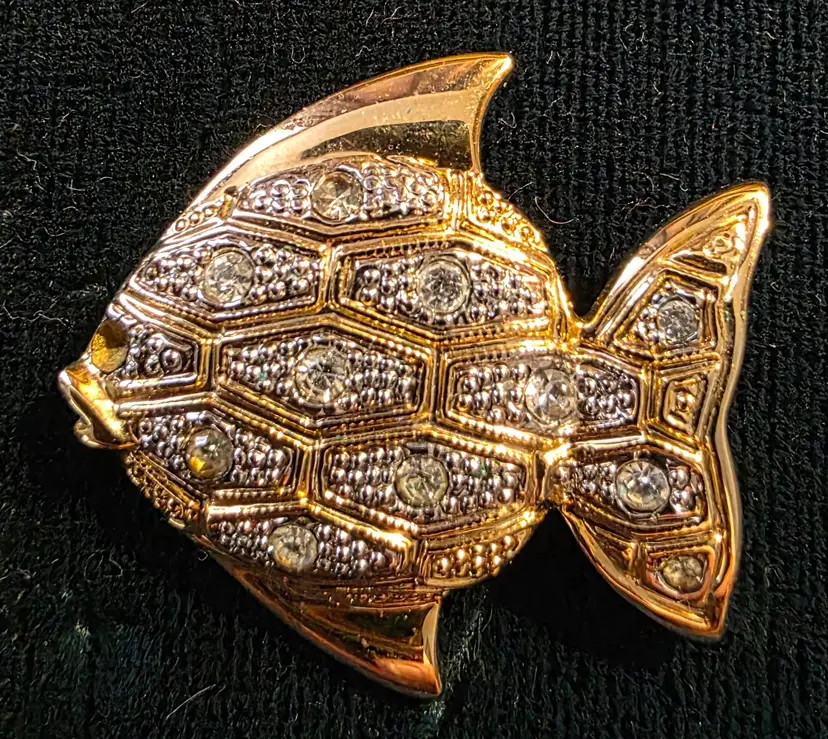 Gold Tone Fish with Rhinestones Brooch