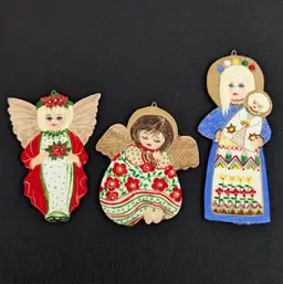 Vintage Angel Christmas Ornaments Folk Art Hand Painted Ceramic Signed '90 Marin