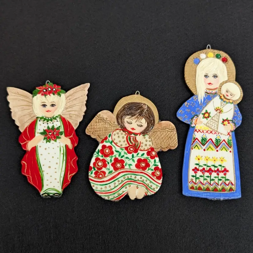 Vintage Angel Christmas Ornaments Folk Art Hand Painted Ceramic Signed '90 Marin