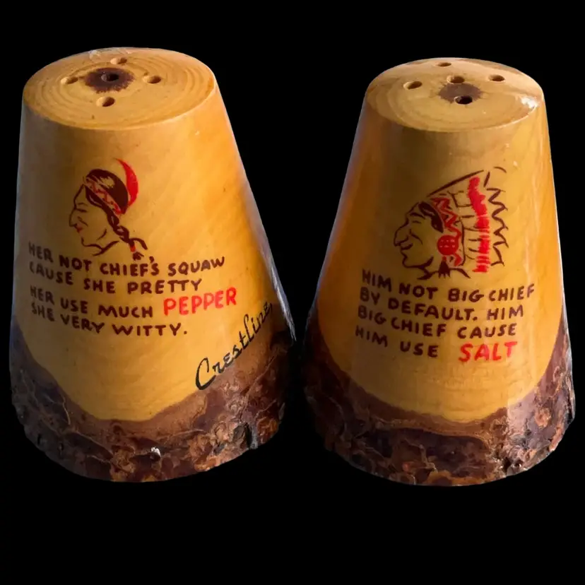 Wooden Carved Big Chief Crestline California Salt Pepper Shakers
