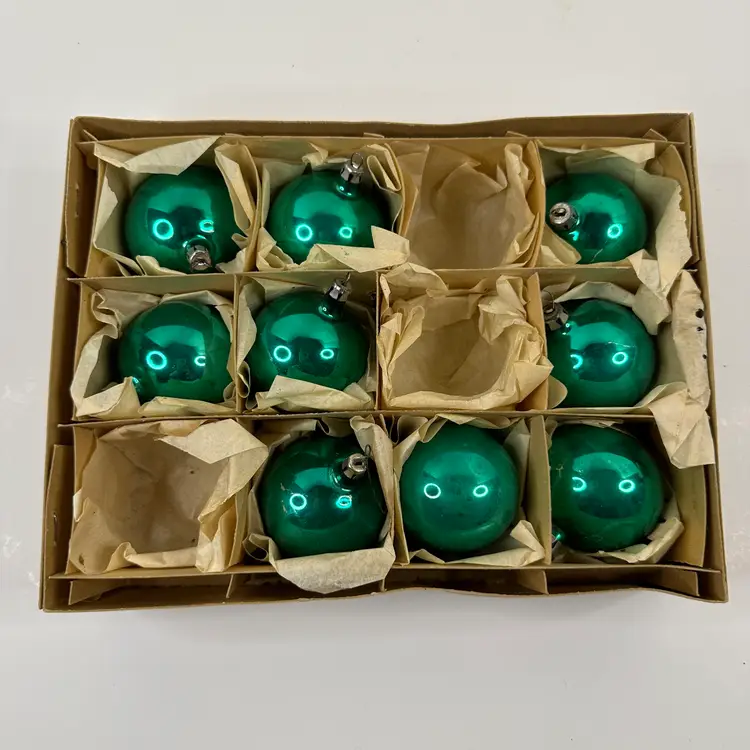 Partial Set of 9 Vintage Teal Green Glass Christmas Tree Ornaments, Poland