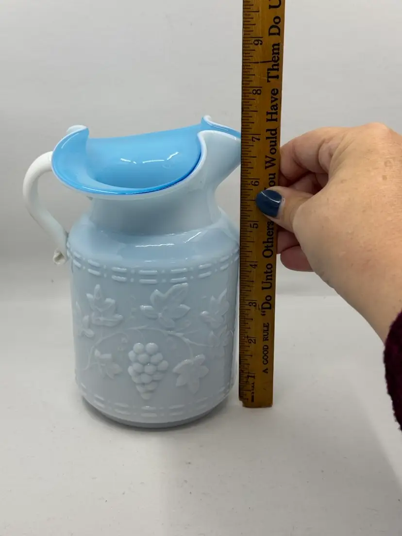 Glass satin cased blue/white milk glass pitcher with grape pattern, Kanawha?, 7”