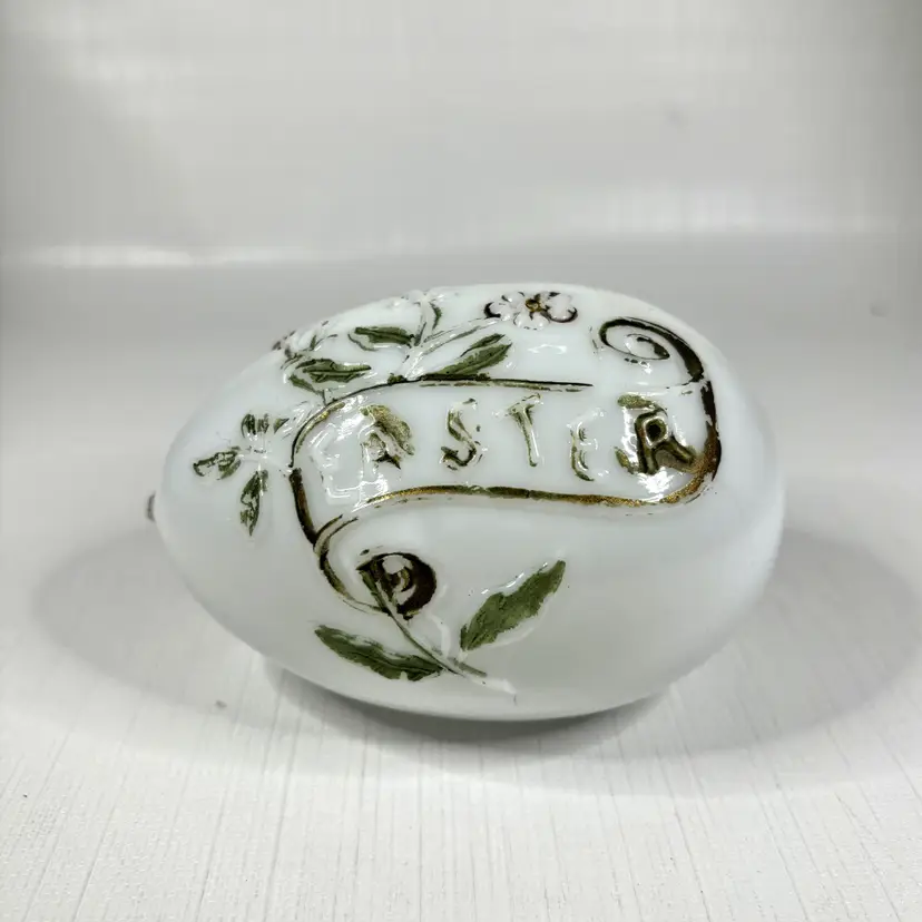 Hand Blown Milk Glass Egg Easter Hand Painted Vintage Embossed Shabby Décor Victorian
