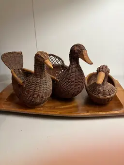 Vintage Family Of 3 Duck Shaped Woven Rattan Basket / Planter w/ Wood Beak